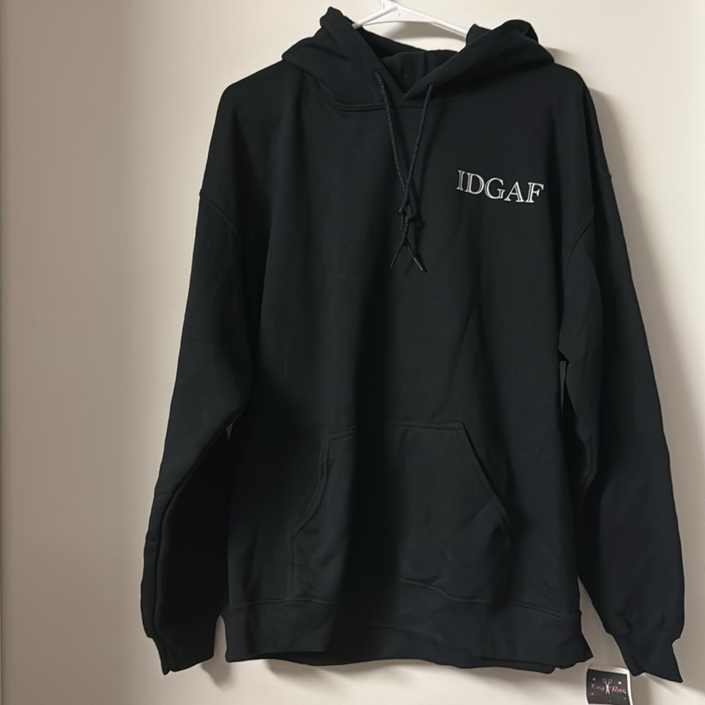IDGAF BLACK LONG SLEEVE HOODIE SIZE LARGE